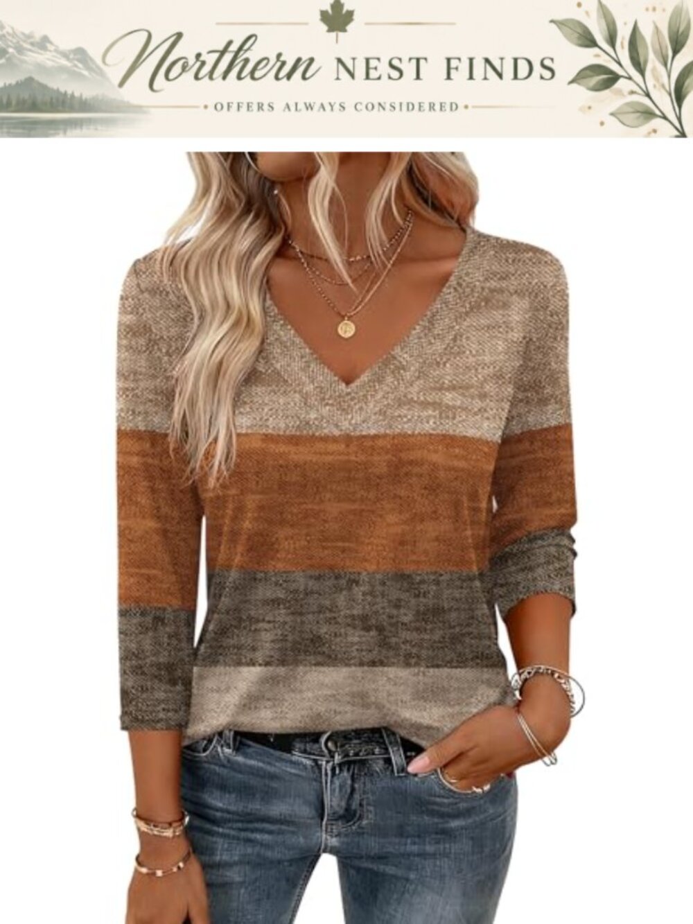Womens 3/4 Sleeve V Neck Top Casual Blouse Loose Fit T-Shirt Work Office